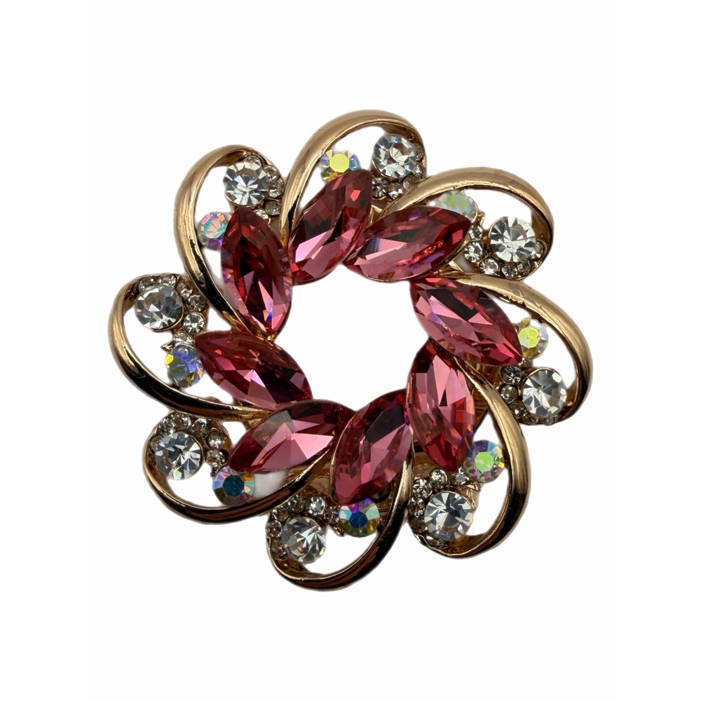 Gold Tone Pink Rhinestone Wreath Scarf Clip Crystal Floral Accessory